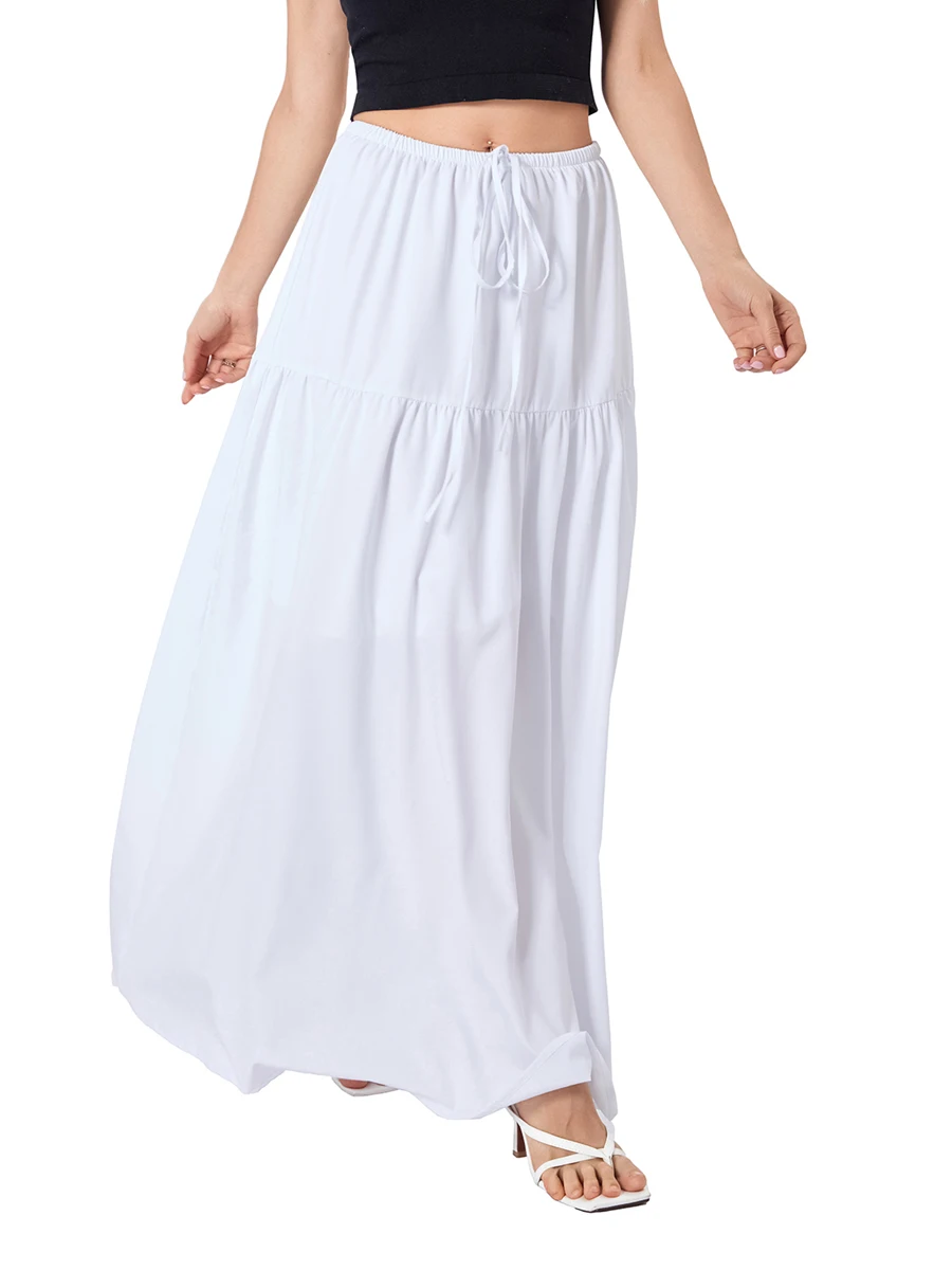 Женская свободная юбка трапециевидной формы, однотонная повседневная летняя юбка с эластичным шнурком для пляжного клуба, уличная одежда