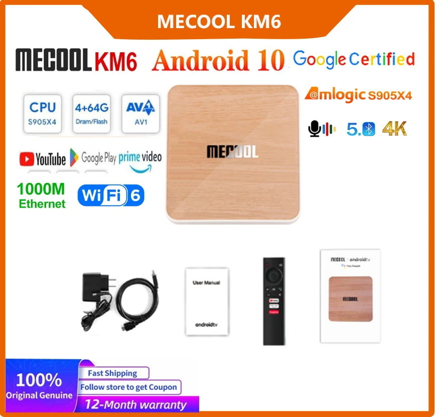 Медиаплеер Mecool KM6 pro Deluxe ATV Android 10 Amlogic S905X4 AndroidTV 10.0, сертифицированный Google, с Двойным WiFi 6/1000 М