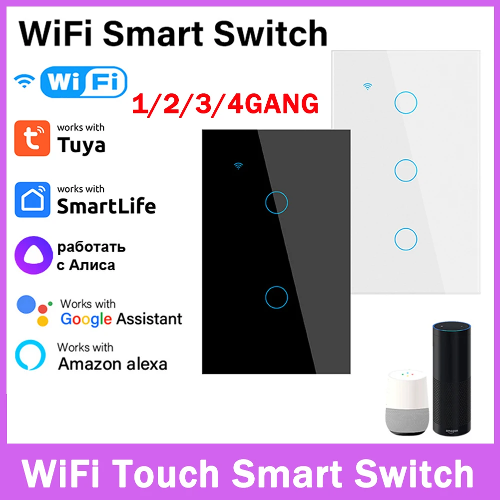 Сенсорный выключатель Tuya Smart Wifi Не требуется Нейтральный провод Умный Дом 1/2/3/4 Gang Выключатель Света Поддержка Alexa Google Home Приложение Tuya