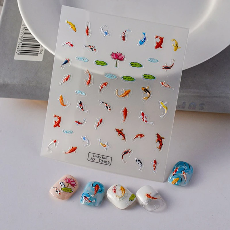 Наклейки-слайдеры для ногтей Lucky Koi Fish Lotus 5D, Яркая наклейка с рельефной лентой, советы по маникюру для девочек