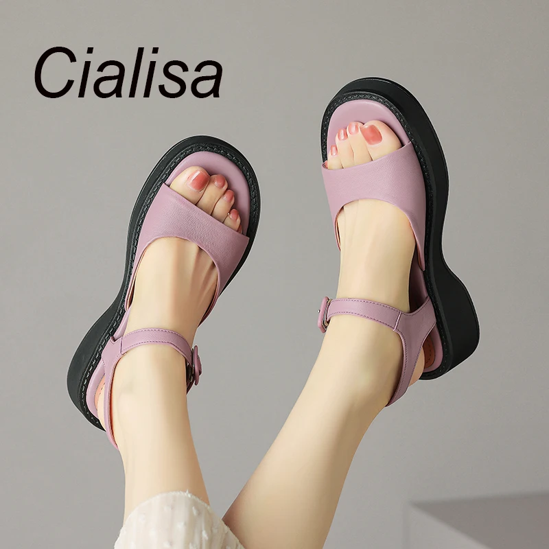 Женские босоножки Cialisa с открытым носком, Лето 2023, Лаконичная обувь из натуральной кожи ручной работы, Удобная женская обувь на толстом каблуке фиолетового цвета