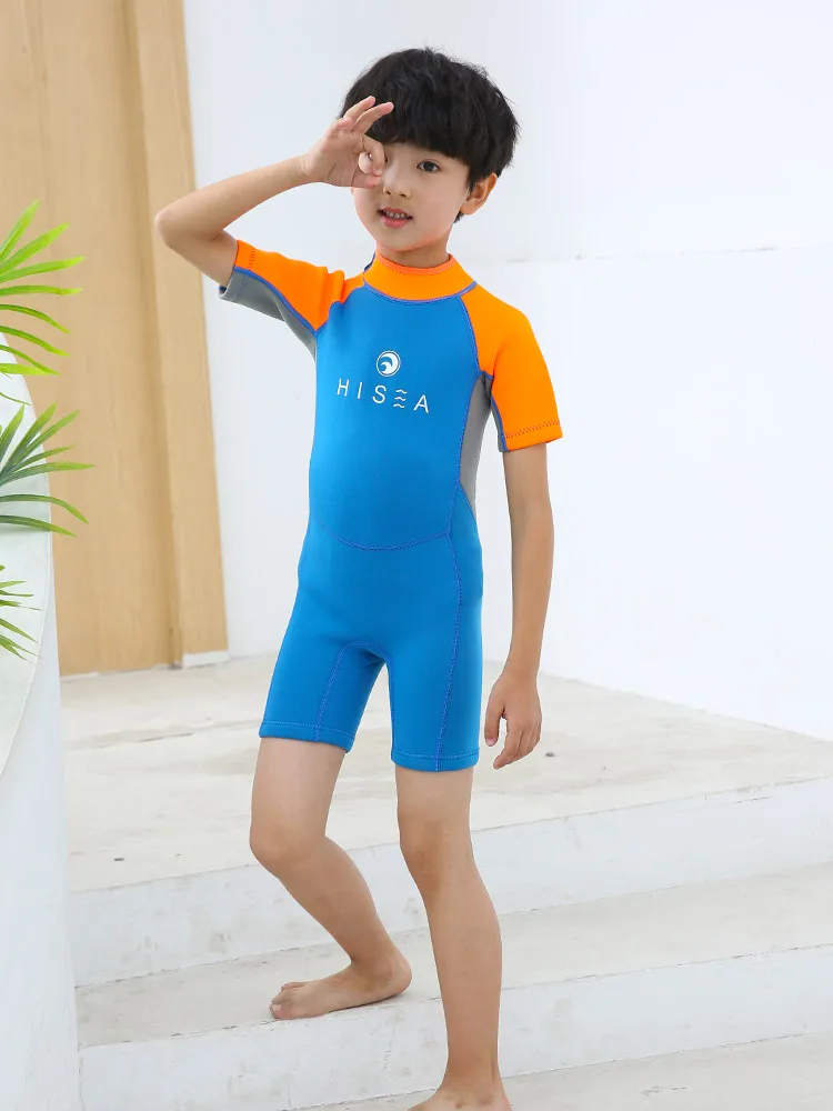 HISEA-Шорты с короткими рукавами для мальчиков, неопреновый сине-оранжевый водолазный костюм в тон, костюм для серфинга, пляжный антифрикционный теплый костюм