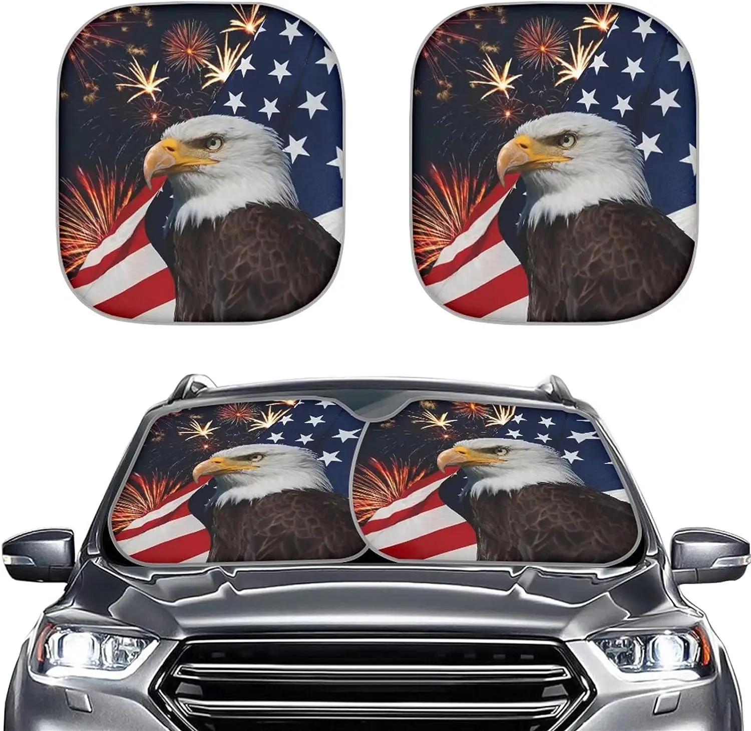 Флаг США Eagle Patriot Солнцезащитный козырек на лобовое стекло автомобиля из 2 частей для защиты от ультрафиолета и теплоотражателя Универсальный Подходит для большинства седанов внедорожников грузовиков