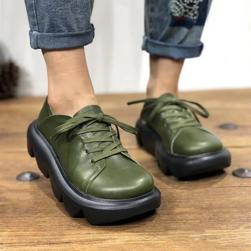 Весенняя обувь зеленого цвета на шнуровке 2022 года, Туфли на плоской платформе, Повседневные Тонкие туфли ручной работы из натуральной коровьей кожи