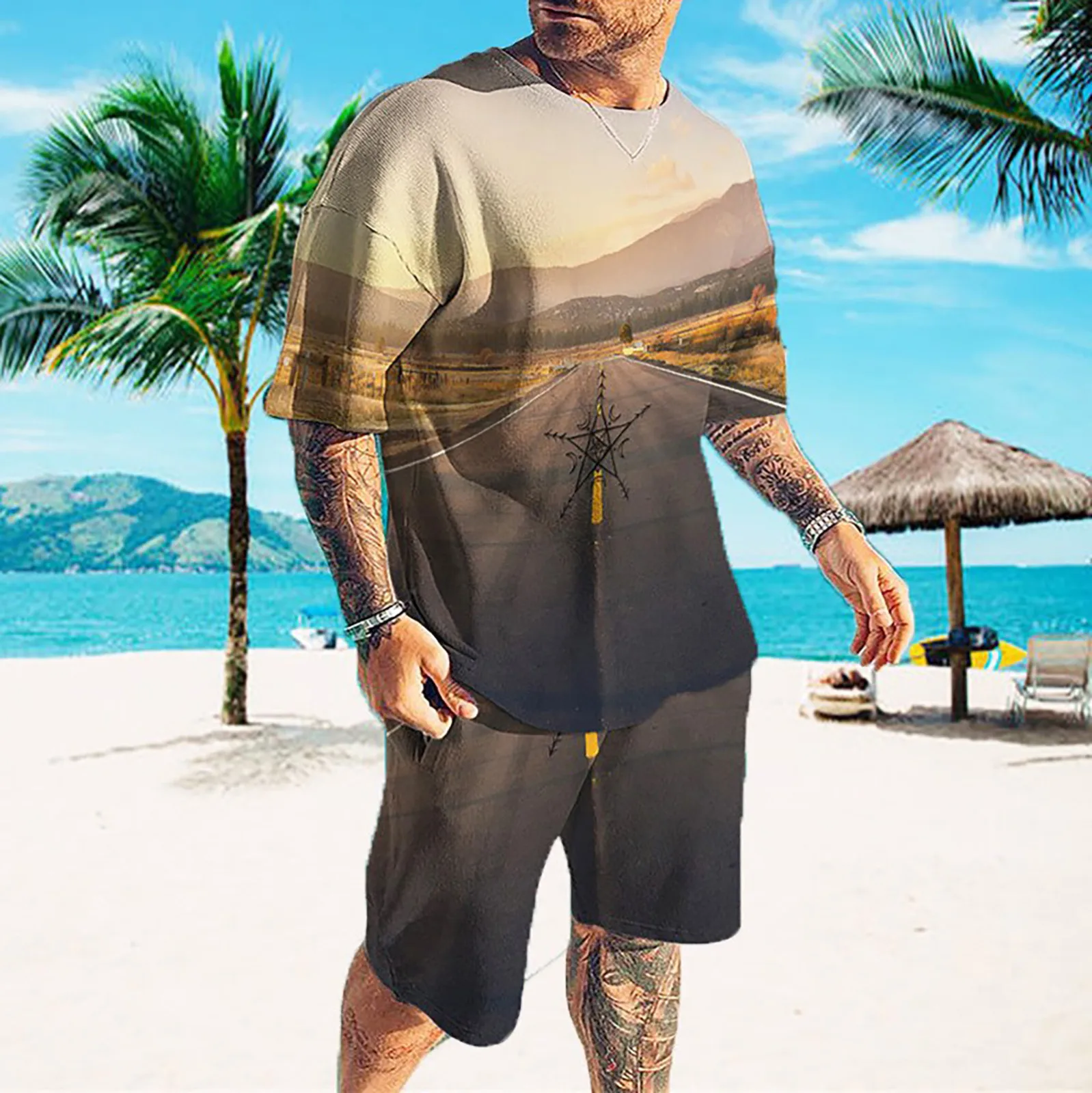 Мужской 3D костюм с коротким рукавом, шорты, пляжные тропические Гавайи, спортивные шорты для тела, спортивный костюм, Мужская одежда, мужской комплект